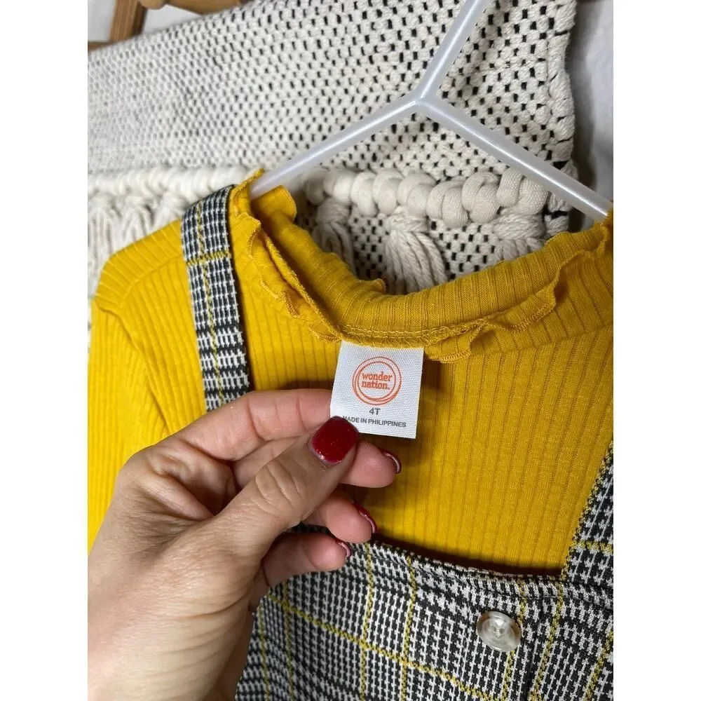 Girls Yellow Plaid Overalls Outfit 4T